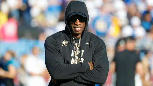 Colorado head coach Deion Coach Prime Sanders watches during a warm up before an NCAA, College League, USA college football game between the UCLA and the Colorado, Oct. 28, 2023, in Pasadena, Calif.
