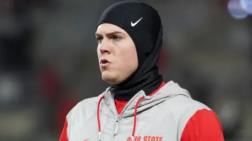 Will Howard #18 of the Ohio State Buckeyes warms up before the game against the Tennessee Volunteers in the Playoff First Round Game at Ohio Stadium on December 21, 2024 in Columbus, Ohio.
