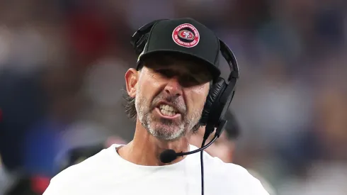 Head coach Kyle Shanahan of the San Francisco 49ers reacts during the second quarter against the Seattle Seahawks at Lumen Field on October 10, 2024 in Seattle, Washington.
