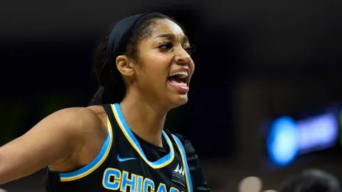 Angel Reese, forward of the Chicago Sky, reacts during a WNBA game 
