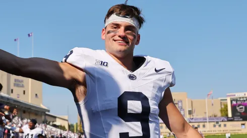 Beau Pribula #9 of the Penn State Nittany Lions high fives fans after defeating the Northwestern Wildcats at Ryan Field on September 30, 2023 in Evanston, Illinois. 
