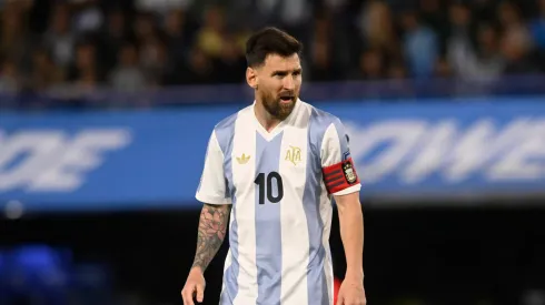 Lionel Messi or Argentina looks on during a Conmebol Qualifiers match
