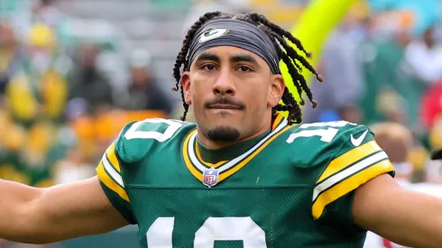 Jordan Love #10 of the Green Bay Packers runs off the field after defeating the Arizona Cardinals 34-13 at Lambeau Field on October 13, 2024 in Green Bay, Wisconsin.
