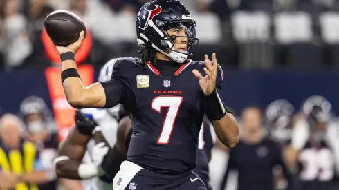 Houston Texans quarterback CJ Stroud (7) throws a pass in the first quarter against the Dallas Cowboys at AT&T Stadium on Nov.
