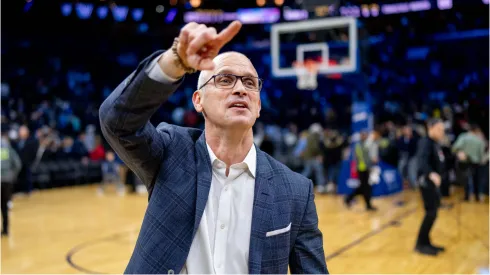 Connecticut Head Coach Dan Hurley celebrates after the UConns win the NCAA college basketball matchup between the Connecticut Huskies and the Villanova Wildcats at Well Fargo Center in Philadelphia, Pennsylvania on January 20, 2024. UConn won defeated Villanova 66-65. Scott Serio Cal Media