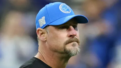 Head coach Dan Campbell of the Detroit Lions looks on prior to a game against the Indianapolis Colts at Lucas Oil Stadium on November 24, 2024 in Indianapolis, Indiana.
