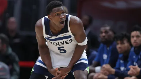 Minnesota Timberwolves guard Anthony Edwards (5) reacts to a call during the second half against the Chicago Bulls.
