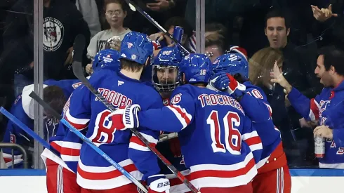 The New York Rangers celebrate a goal scored by Ryan Lindgren #55 of the New York Rangers during the third period against the Anaheim Ducks at Madison Square Garden on October 26, 2024 in New York City. The Rangers won 2-1. 
