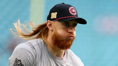 George Kittle #85 of the San Francisco 49ers warms up before playing the Miami Dolphins at Hard Rock Stadium on December 22, 2024 in Miami Gardens, Florida.
