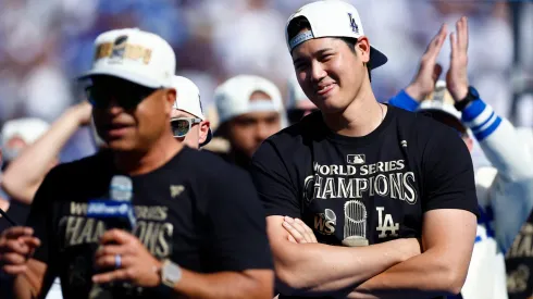 Shohei Ohtani #17 of the Los Angeles Dodgers looks on during the 2024 World Series Celebration Show at Dodger Stadium on November 01, 2024 in Los Angeles, California. 
