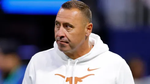 Head coach Steve Sarkisian of the Texas Longhorns looks on prior to the 2024 SEC Championship against the Georgia Bulldogs at Mercedes-Benz Stadium on December 07, 2024 in Atlanta, Georgia.
