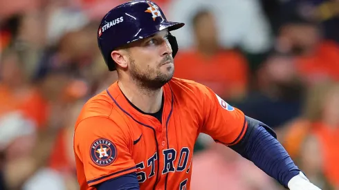 Alex Bregman #2 of the Houston Astros flies out against the Detroit Tigers in the fourth inning during Game Two of the Wild Card Series at Minute Maid Park on October 02, 2024 in Houston, Texas.
