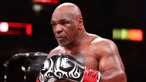 Mike Tyson fights during LIVE On Netflix: Jake Paul vs. Mike Tyson at AT&T Stadium on November 15, 2024 in Arlington, Texas. 
