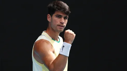 Carlos Alcaraz celebrates a point in their round three singles match against Juncheng Shang of China during the 2024 Australian Open on January 20, 2024.
