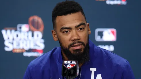 Teoscar Hernández #37 of the Los Angeles Dodgers speaks to the media during a press conference prior to playing the New York Yankees during Game Five of the 2024 World Series at Yankee Stadium on October 30, 2024 in New York City. 
