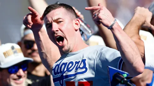 Walker Buehler #21 of the Los Angeles Dodgers celebrates during the 2024 World Series Celebration Show at Dodger Stadium on November 01, 2024 in Los Angeles, California. 
