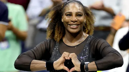 Serena Williams celebrates after defeating Danka Kovinic of Montenegro during the Women's Singles First Round on Day One of the 2022 US Open.