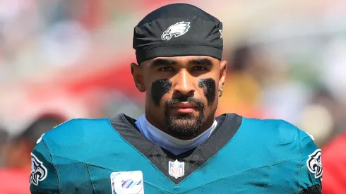 Philadelphia Eagles Quarterback Jalen Hurts (1) looks into the stands before the game between the Philadelphia Eagles and the Tampa Bay Buccaneers on September 29, 2024.
