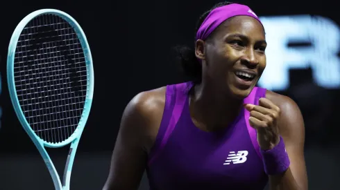 Coco Gauff celebrates match point against Iga Swiatek of Poland in their round robin singles match during Day 4 of the 2024 WTA Finals Riyadh.
