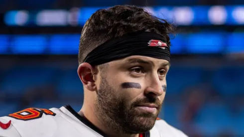 Tampa Bay Buccaneers quarterback Baker Mayfield (6) walks off after defeating the Carolina Panthers.