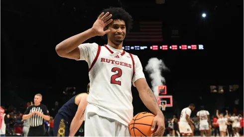 Dylan Harper #2 of the Rutgers Scarlet Knights celebrates defeating Notre Dame Fighting Irish 85-84 in overtime of their game during the Players Era Festival basketball tournament at MGM Grand Garden Arena on November 26, 2024 in Las Vegas, Nevada.
