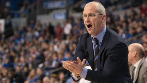 St. Louis, Missouri, U.S – Rhode Island Rams head coach DAN HURLEY applauds his teams work on the court during a regular season conference game between the Saint Louis Billikens and the Rhode Island Rams where Rhode Island defeats Saint Louis by the score of 90-56, held at The Chaifetz Arena in St. Louis, MO NCAA College League USA Basketball 2016 -RI beats SLU 90-5
