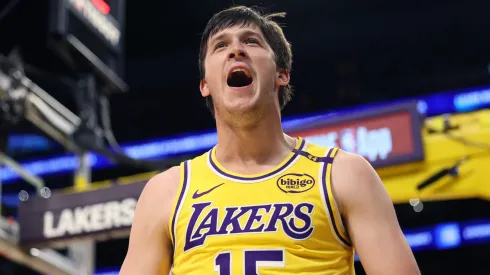 Austin Reaves #15 of the Los Angeles Lakers reacts during the second quarter against the Minnesota Timberwolves at Crypto.com Arena on October 22, 2024 in Los Angeles, California.
