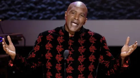  In this image released on August 13th Evander Holyfield speaks onstage for CMT Giants: Alabama at The Fisher Center for the Performing Arts on January 17, 2024 in Nashville, Tennessee.
