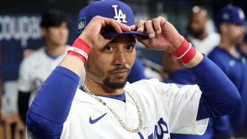  Mookie Betts #50 of the Los Angeles Dodgers is seen in the dugout in the 1st inning during the 2024 Seoul Series game between San Diego Padres and Los Angeles Dodgers at Gocheok Sky Dome on March 21, 2024 in Seoul, South Korea. 
