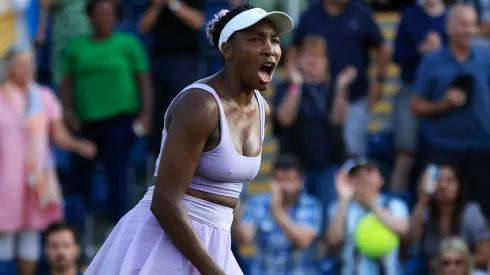 Venus Williams celebrates winning match point against Camila Giorgi of Italy in the Women's First Round match during Day Three of the Rothesay Classic Birmingham in 2023.
