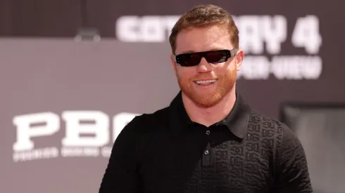 : Canelo Alvarez arrives at a news conference to preview his super middleweight fight against Jaime Munguia at The Beverly Hills Hotel on March 19, 2024 in Beverly Hills, California.
