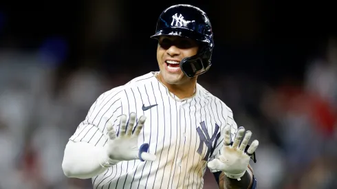 Gleyber Torres #25 of the New York Yankees reacts after hitting a solo home run during the third inning against the Philadelphia Phillies at Yankee Stadium on April 03, 2023 in the Bronx borough of New York City.
