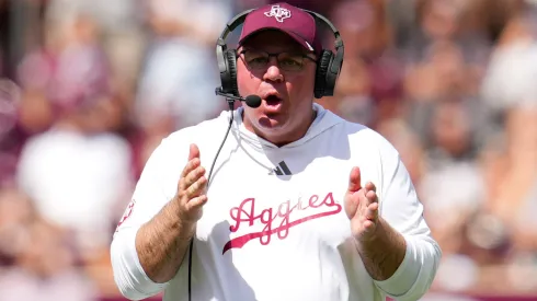 Texas A&M head coach Mike Elko reacts after an offensive penalty during an NCAA, College League, USA football game between the Texas A&M Aggies and the Missouri Tigers on October 5, 2024 in College Station, Texas.
