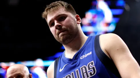 Luka Doncic #77 of the Dallas Mavericks leaves the court against the Minnesota Timberwolves in the first half at American Airlines Center.
