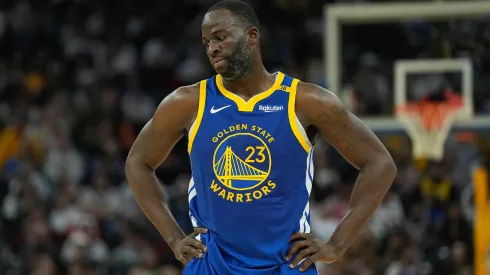 Draymond Green #23 of the Golden State Warriors reacts after a foul call against the Los Angeles Lakers during the first half at Chase Center.
