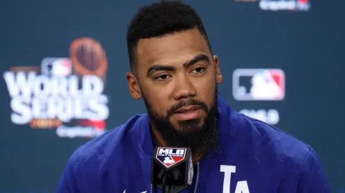 Teoscar Hernández #37 of the Los Angeles Dodgers speaks to the media during a press conference prior to playing the New York Yankees during Game Five of the 2024 World Series at Yankee Stadium on October 30, 2024 in New York City.
