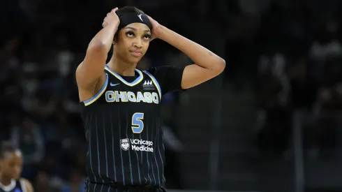 Chicago Sky star Angel Reese reacts to a play during the Commissioners Cup game
