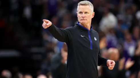 Golden State Warriors head coach Steve Kerr point to his bench during Game Two of the Western Conference First Round Playoffs against the Sacramento Kings
