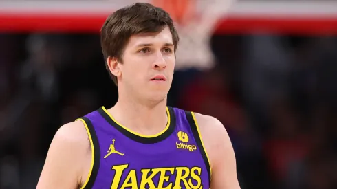 Austin Reaves #15 of the Los Angeles Lakers looks on against the Chicago Bulls 
