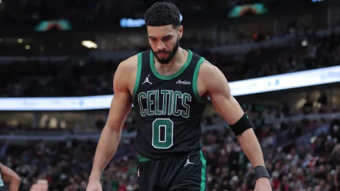 Jayson Tatum 0 of the Boston Celtics reacts after a slam dunk during the second half against the Chicago Bulls.
