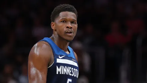 Anthony Edwards #5 of the Minnesota Timberwolves reacts against the Atlanta Hawks during the third quarter at State Farm Arena.
