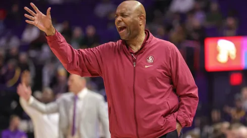 Florida St. Head Coach Leonard Hamilton calls in a play during NCAA Basketball action between the Florida St. Seminoles and the LSU Tigers during the SEC ACC Challenge at the Pete Maravich Assembly Center in Baton Rouge, LA. Jonathan Mailhes
