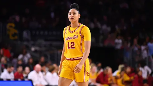 USC Trojans guard JuJu Watkins (12) looks on during the womenÕs college basketball game between the Elon Phoenix and the USC Trojans on December 15, 2024 at Galen Center in Los Angeles, CA.