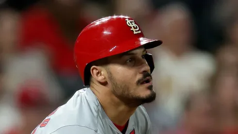 Nolan Arenado #28 of the St. Louis Cardinals hits a single against the Colorado Rockies in the eighth inning at Coors Field on September 24, 2024 in Denver, Colorado.
