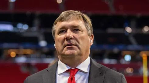 Georgia Bulldogs head coach Kirby Smart walks the field before the game against the Clemson Tigers in the 2024 Aflac Kickoff Game at Mercedes-Benz Stadium in Atlanta, GA.
