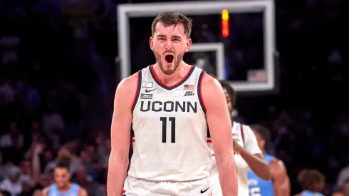 Connecticut Huskies forward Alex Karaban (11) reacts after defeating the North Carolina Tar Heels during the Jimmy V Classic at Madison Square Garden in New York City on Tuesday Dec 5, 2023. CSM New York United States 
