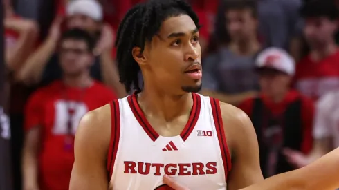 Dylan Harper #2 and Jordan Derkack #0 of the Rutgers Scarlet Knights react during the first half of their game against the Wagner Seahawks at Jersey Mike's Arena on November 6, 2024 in Piscataway, New Jersey.
