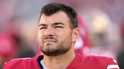 Jake Moody #4 of the San Francisco 49ers looks on from the sidelines against the Denver Broncos during the first quarter of a preseason game  at Levi's Stadium on August 19, 2023 in Santa Clara, California.
