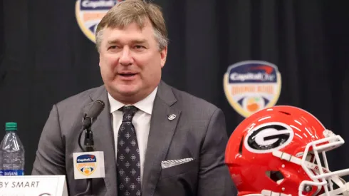 Georgia head coach Kirby Smart speaks during the head coaches joint news conference at the Le Meridien Dania Beach Hotel on Friday, Dec., 29, 2023, in Fort Lauderdale, Florida.
