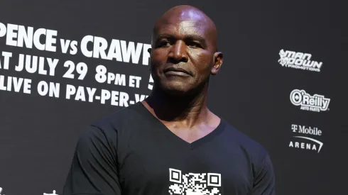  Evander Holyfield looks on during the official weigh-in for Terence Crawford and Errol Spence Jr. T-Mobile Arena on July 28, 2023. Spence Jr. and Crawford will fight for the undisputed world welterweight championship at T-Mobile Arena in Las Vegas on July 29.
